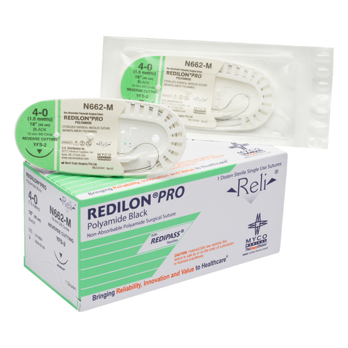 Myco Medical N1668-M - REDILON® PRO Non-absorbable Monofilament, Nylon Synthetic Suture, Size 5-0, Length 18", 16 mm 3/8 Circle Precision Reverse Cutting Needle - UOM 12/BX