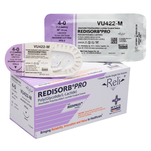 Myco Medical V392-M - REDISORB® PRO Absorbable Coated, Braided, PGLA Synthetic Suture, Size 4-0, Length 18", 19 mm 3/8 Circle Reverse Cutting Needle (Violet) - UOM 12/BX