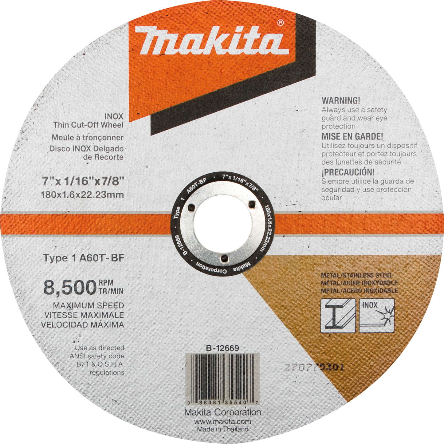 Makita B-12669 7" x 1/16" x 7/8" INOX Thin Cut‘Off Wheel, 60 Grit