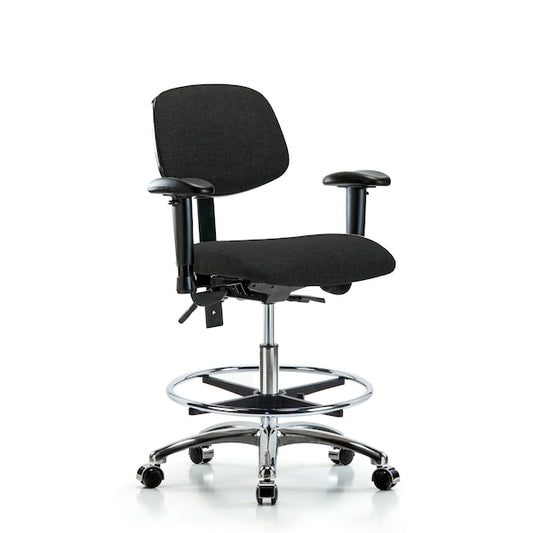 Blue Ridge Ergonomics FMBCH-CR-T0-A1-CF-CC-F42 Rutledge Fabric Chair Chrome - Medium Bench Height with Adjustable Arms, Chrome Foot Ring, & Casters in Black Fabric