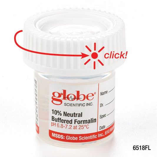 Globe Scientific 6518FL Pre-Filled Container with Click Close Lid Tite-Rite 20mL (0.67oz) PP Filled with 10mL of 10% Neutral Buffered Formalin Attached Hazard Label 24/Box 4 Boxes/Unit