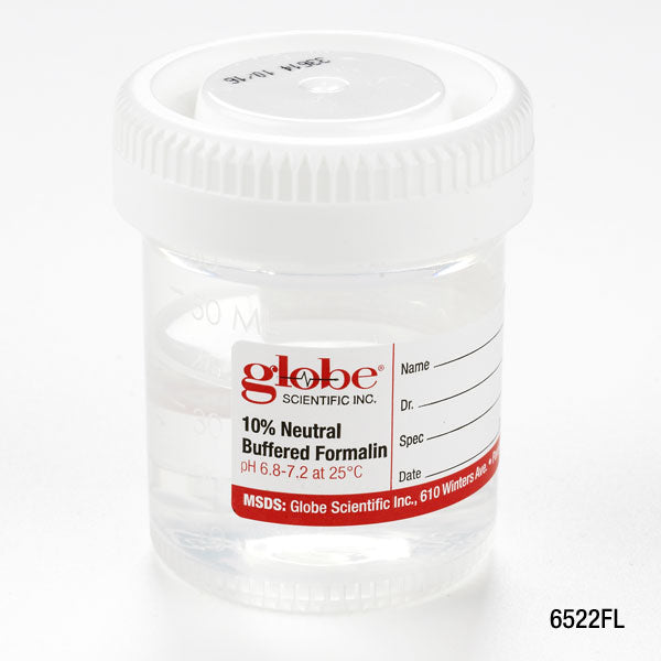 Globe Scientific 6522FL Pre-Filled Container with Click Close Lid Tite-Rite 60mL (2oz) PP Filled with 30mL of 10% Neutral Buffered Formalin Attached Hazard Label 24/Box 4 Boxes/Unit