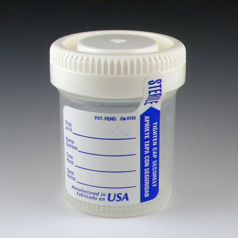 Globe Scientific 6526 Container Tite-Rite Wide Mouth 90mL (3oz) PP STERILE Attached White Screw Cap ID Label with Tab Seal Graduated