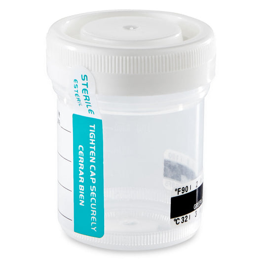 Globe Scientific 6523TP Container Tite-Rite 60mL (2oz) PP STERILE Attached White Screw Cap ID Label with Tab Seal and Temperature strip Graduated