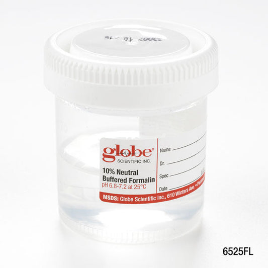 Globe Scientific 6525FL Pre-Filled Container with Click Close Lid Tite-Rite 90mL (3oz) Wide Mouth PP Filled with 45mL of 10% Neutral Buffered Formalin Attached Hazard Label 24/Box 4 Boxes/Unit