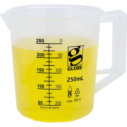 Globe Scientific 3654-250 Beaker with Handle Diamond Essentials Low Form Printed Graduations PP 250mL 1/Bag