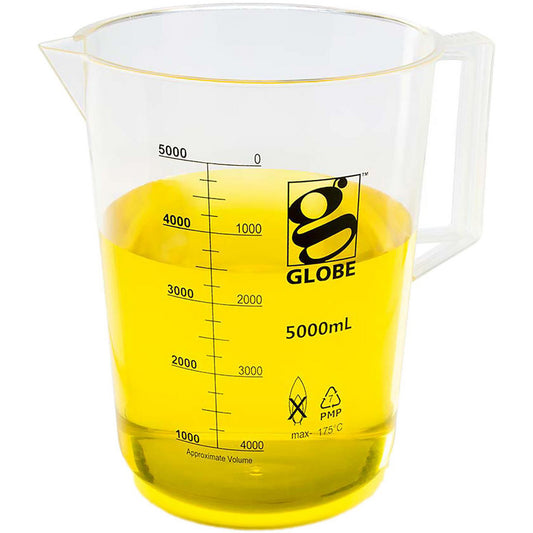 Globe Scientific 3656-5M Beaker with Handle Diamond Essentials Low Form Printed Graduations PMP 5000mL 1/Bag