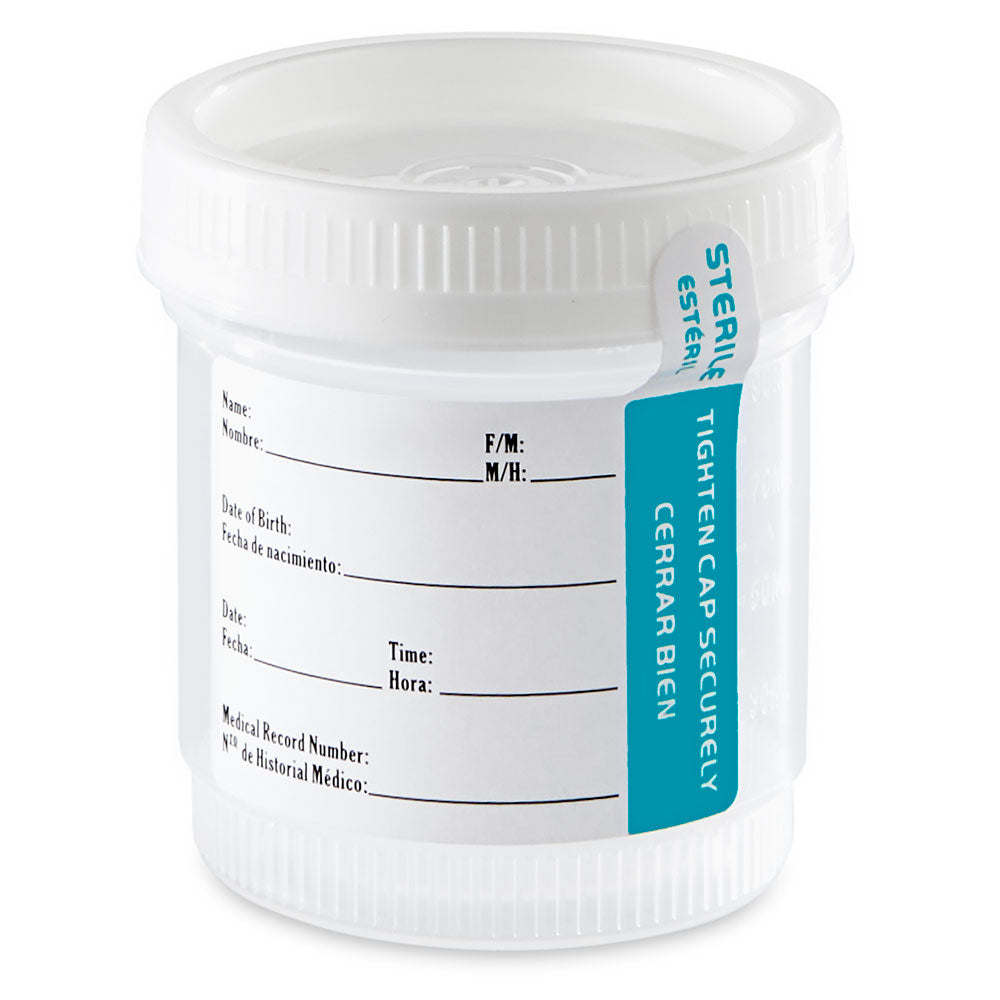 Globe Scientific 6526 Container Tite-Rite Wide Mouth 90mL (3oz) PP STERILE Attached White Screw Cap ID Label with Tab Seal Graduated