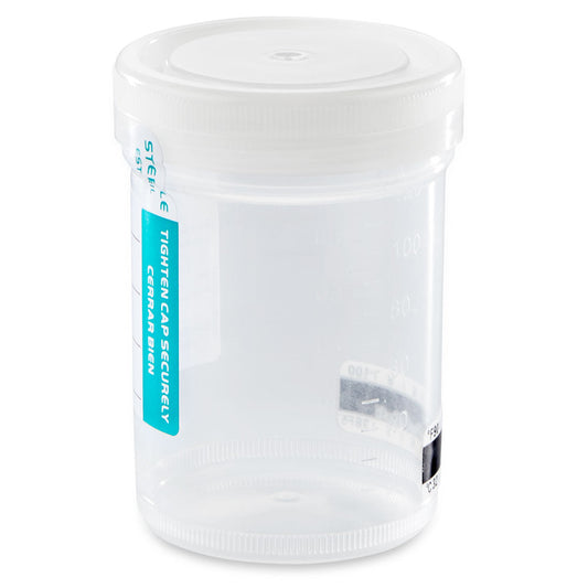 Globe Scientific 6528TP Container Tite-Rite 120mL (4oz) PP STERILE Attached Natural Screw Cap ID Label with Tab Seal and Temperature Strip Graduated