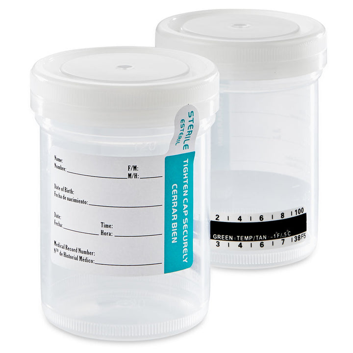 Globe Scientific 6526 Container Tite-Rite Wide Mouth 90mL (3oz) PP STERILE Attached White Screw Cap ID Label with Tab Seal Graduated