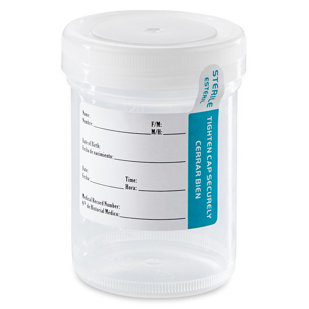 Globe Scientific 6526 Container Tite-Rite Wide Mouth 90mL (3oz) PP STERILE Attached White Screw Cap ID Label with Tab Seal Graduated