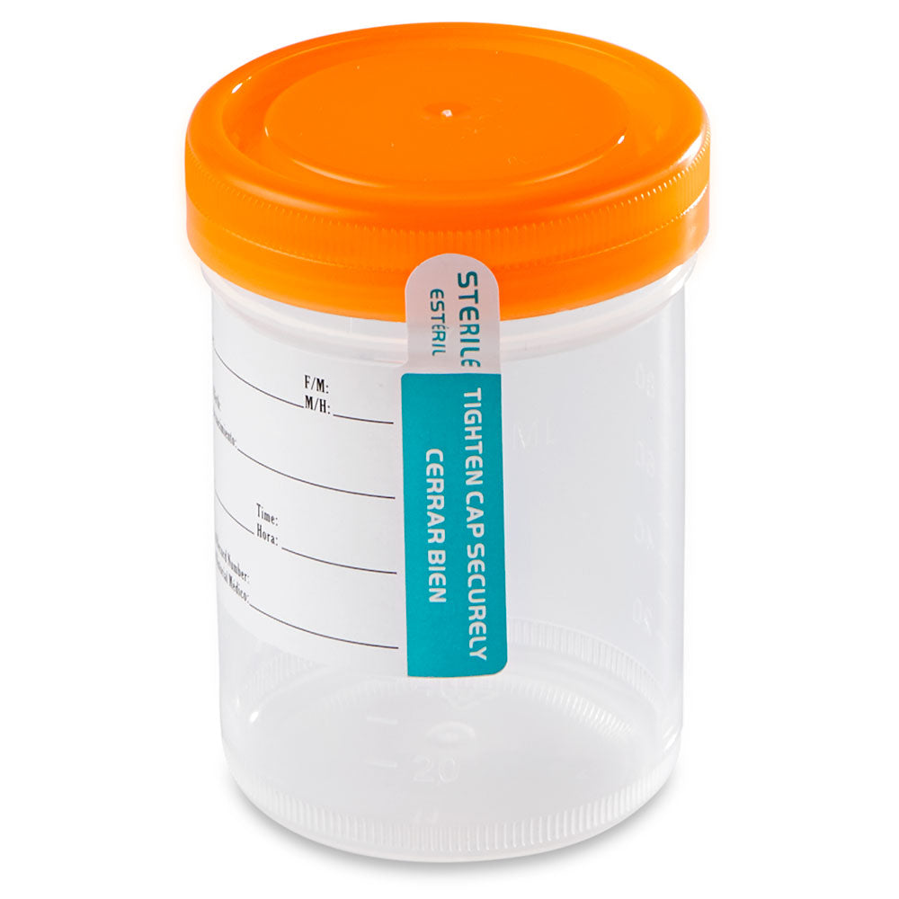 Globe Scientific 6526 Container Tite-Rite Wide Mouth 90mL (3oz) PP STERILE Attached White Screw Cap ID Label with Tab Seal Graduated