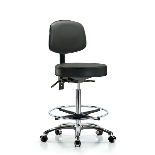 Blue Ridge Ergonomics VMBST-CR-T1-NF-RG-8613 Rutledge Vinyl Stool with Back Chrome - Medium Bench Height with Seat Tilt & Stationary Glides in Orange Kist Trailblazer™ Vinyl