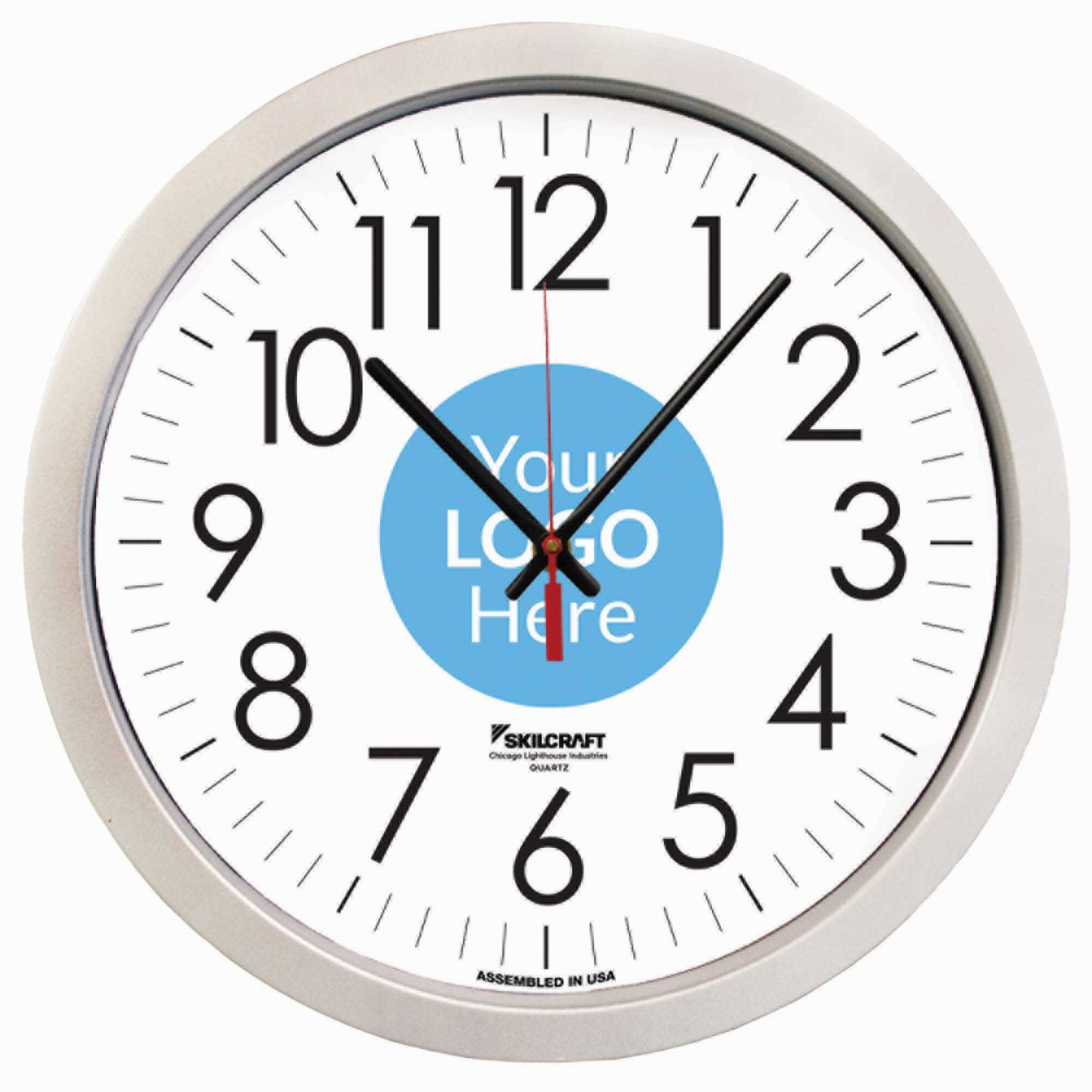 AbilityOne 6645016986557 Clock Wall Quartz 14-1/2" Diameter Silver Frame With Custom Logo