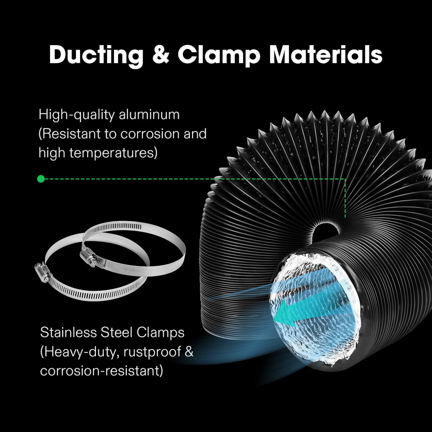 Vivosun 8 Inch 25 Feet Black Non-Insulated Flex Air Aluminum Ducting, w/Two 8 Inch Stainless Steel Clamps