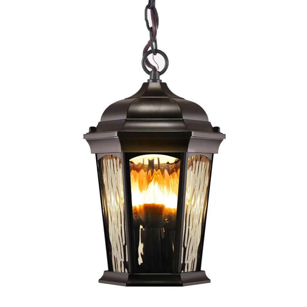 Euri Lighting EHL-130W-MD Decorative Fixture LED Flickering Flame Hanging Lantern with Dual Security Light and Flame Mode Wet Rated Wall Switch Operated, Bronze Finish with Water Glass