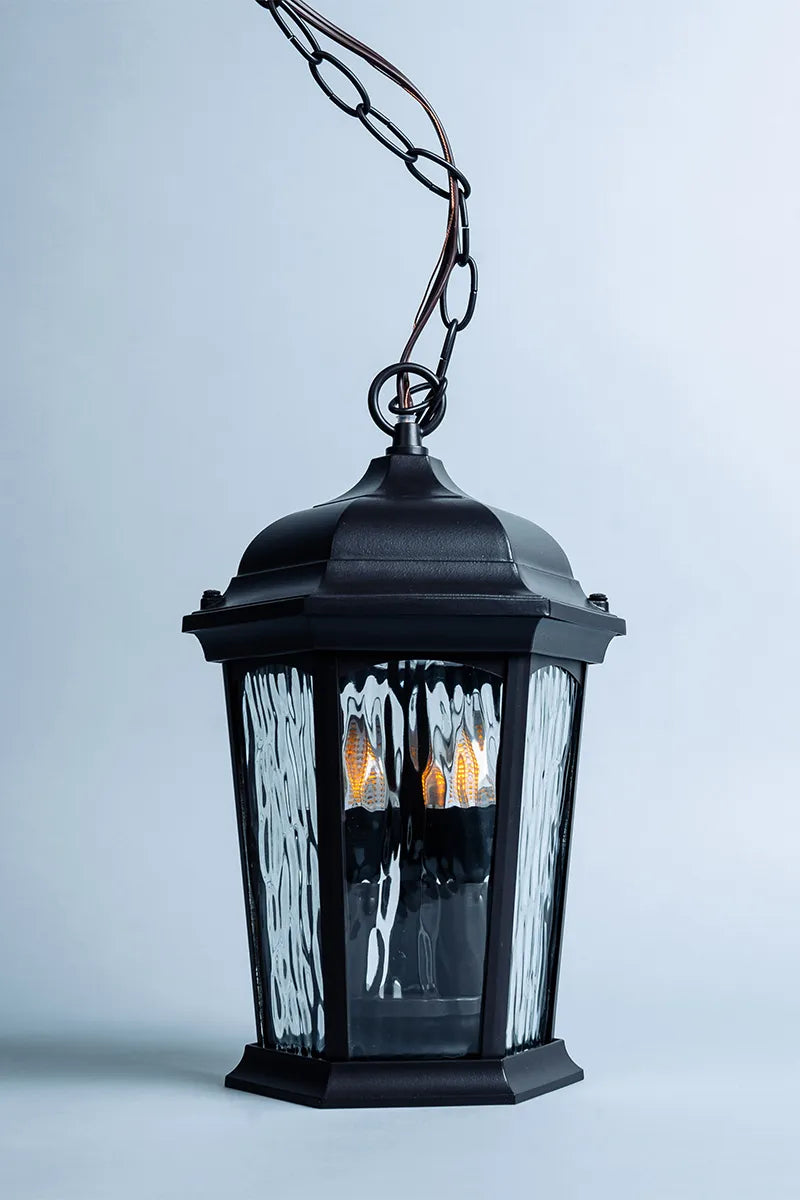 Euri Lighting EHL-130W-MD Decorative Fixture LED Flickering Flame Hanging Lantern with Dual Security Light and Flame Mode Wet Rated Wall Switch Operated, Bronze Finish with Water Glass