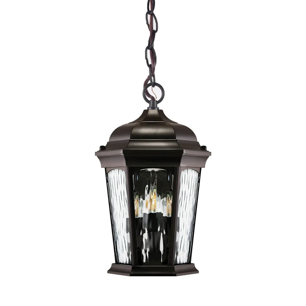 Euri Lighting EHL-130W-MD Decorative Fixture LED Flickering Flame Hanging Lantern with Dual Security Light and Flame Mode Wet Rated Wall Switch Operated, Bronze Finish with Water Glass