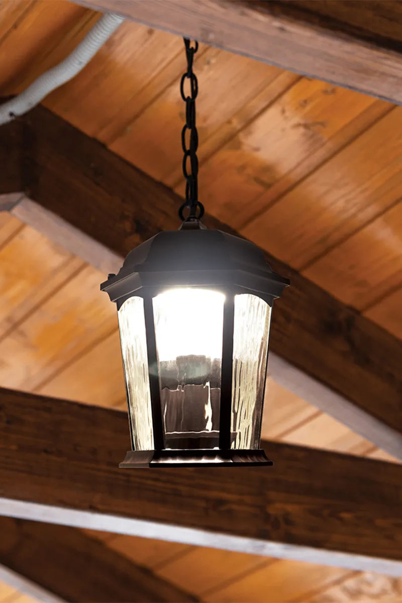 Euri Lighting EHL-130W-MD Decorative Fixture LED Flickering Flame Hanging Lantern with Dual Security Light and Flame Mode Wet Rated Wall Switch Operated, Bronze Finish with Water Glass