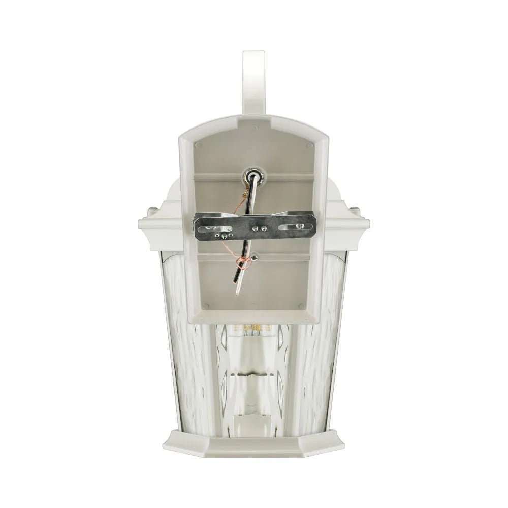 Euri Lighting EFL-140W-MD Decorative Fixture LED Flickering Flame Lantern with Dual Security Light and Flame Mode Wet Rated Motion Sensor Dusk to Dawn, White Finish with Water Glass