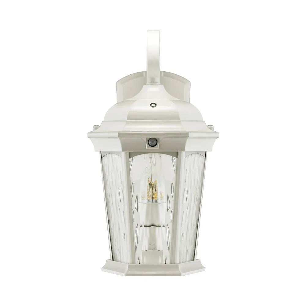 Euri Lighting EFL-140W-MD Decorative Fixture LED Flickering Flame Lantern with Dual Security Light and Flame Mode Wet Rated Motion Sensor Dusk to Dawn, White Finish with Water Glass