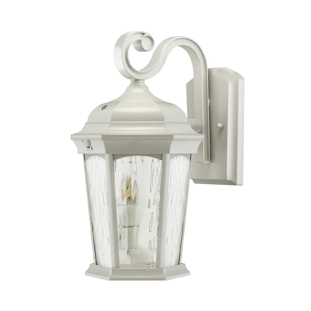 Euri Lighting EFL-140W-MD Decorative Fixture LED Flickering Flame Lantern with Dual Security Light and Flame Mode Wet Rated Motion Sensor Dusk to Dawn, White Finish with Water Glass