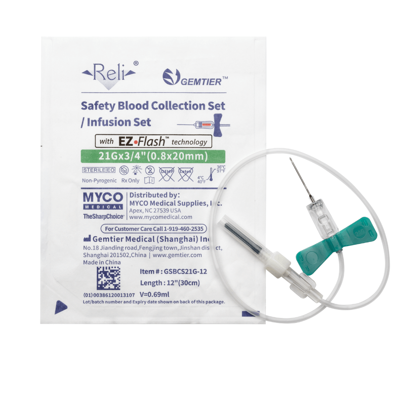 Myco Medical GSBCS21G-12 - RELI® SAFETY BLOOD COLLECTION SETS with EZ-Flash™ Technology, 21G x ¾” Needle, 12” Tubing - UOM 100/BX