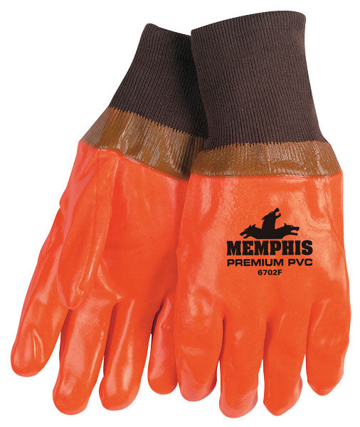 MCR Safety 6702F PVC Coated Insulated Work Gloves Single Dipped Hi-Vis Orange Smooth PVC Foam Lined Comfortable Knit Wrist (1 DZ)