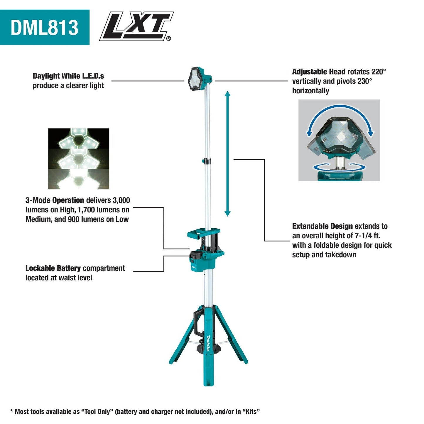 Makita DML813 18V LXT® Lithium‘Ion Cordless Tower Work Light, Light Only