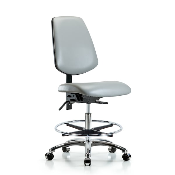 Blue Ridge Ergonomics VMBCH-MB-CR-T0-A0-CF-CC-8567 Rutledge Vinyl Chair Chrome - Medium Bench Height with Medium Back, Chrome Foot Ring, & Casters in Dove Trailblazer™ Vinyl