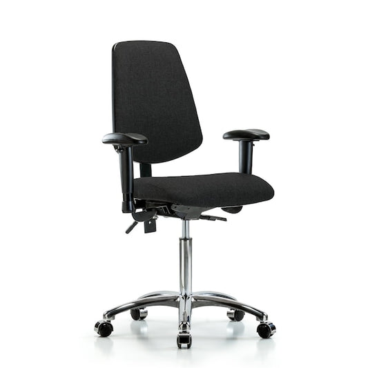 Blue Ridge Ergonomics FMBCH-MB-CR-T1-A1-NF-CC-F42 Rutledge Fabric Chair Chrome - Medium Bench Height with Medium Back, Seat Tilt, Adjustable Arms, & Casters in Black Fabric