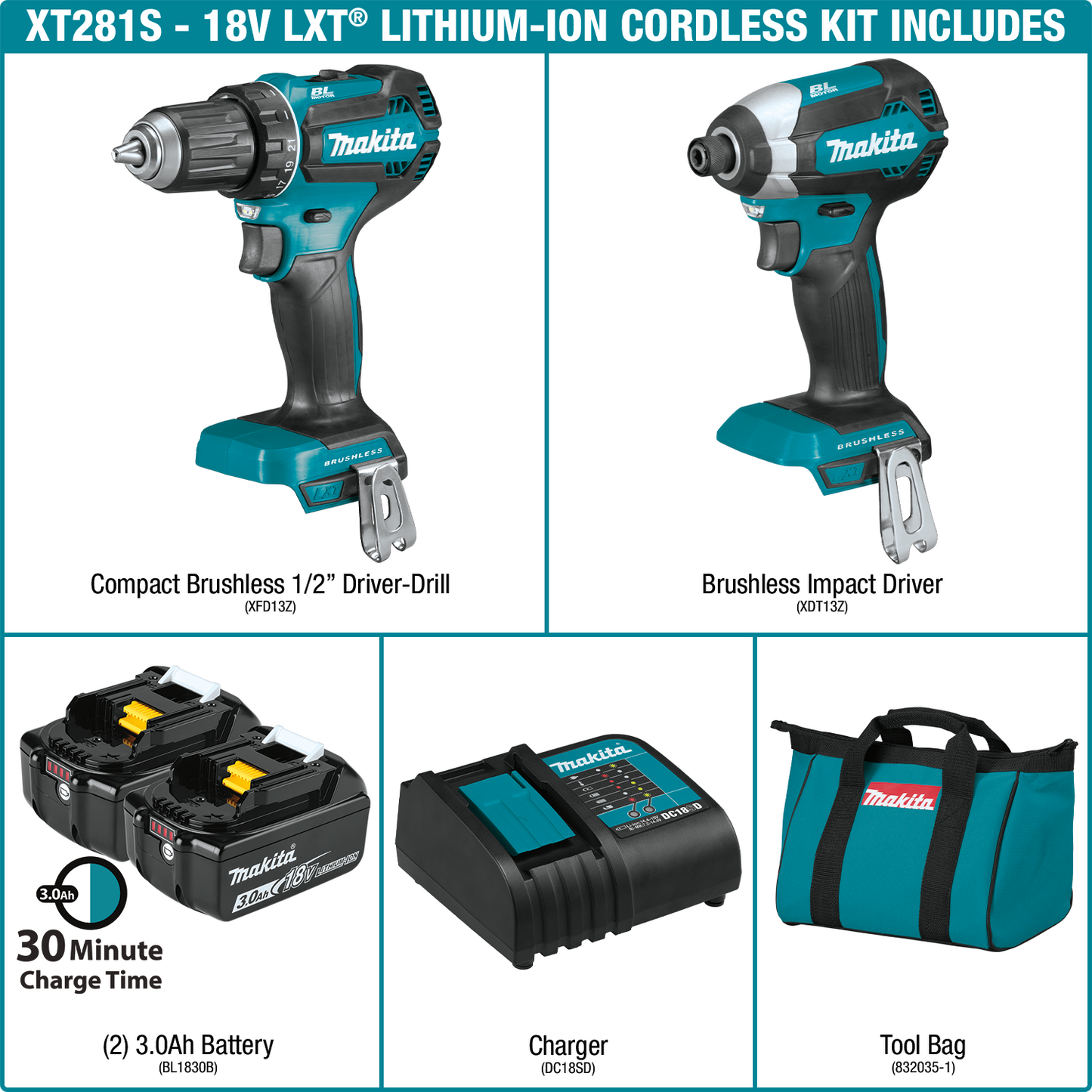 Makita XT281S 18V LXT® Lithium‘Ion Brushless Cordless 2‘Pc. Combo Kit (3.0Ah)