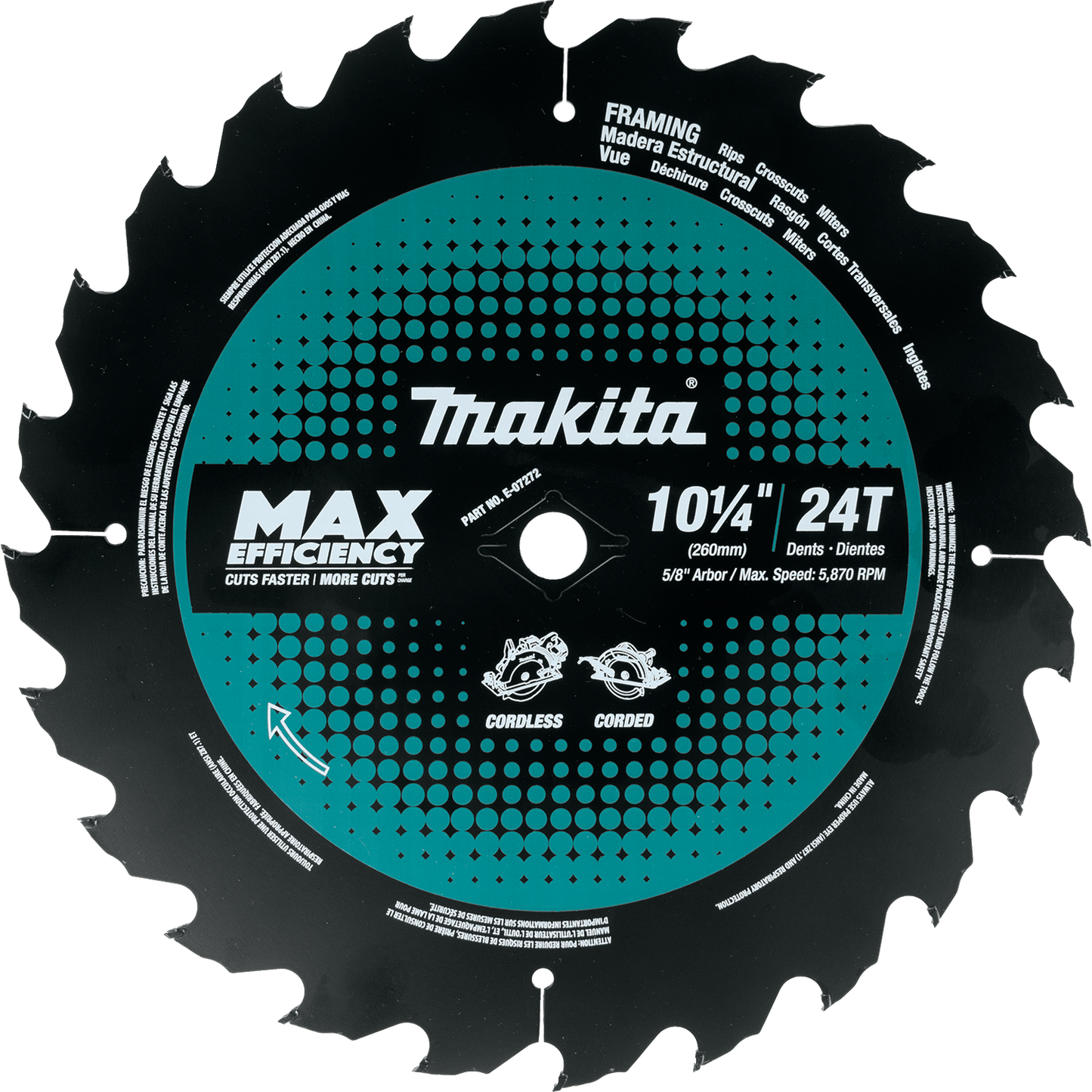 Makita E-07272 10‘1/4" 24T Carbide‘Tipped Max Efficiency Circular Saw Blade, Framing