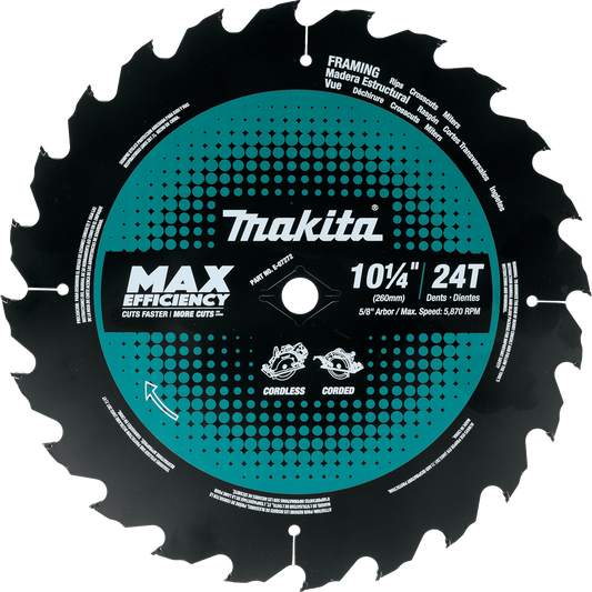 Makita E-07272 10‘1/4" 24T Carbide‘Tipped Max Efficiency Circular Saw Blade, Framing