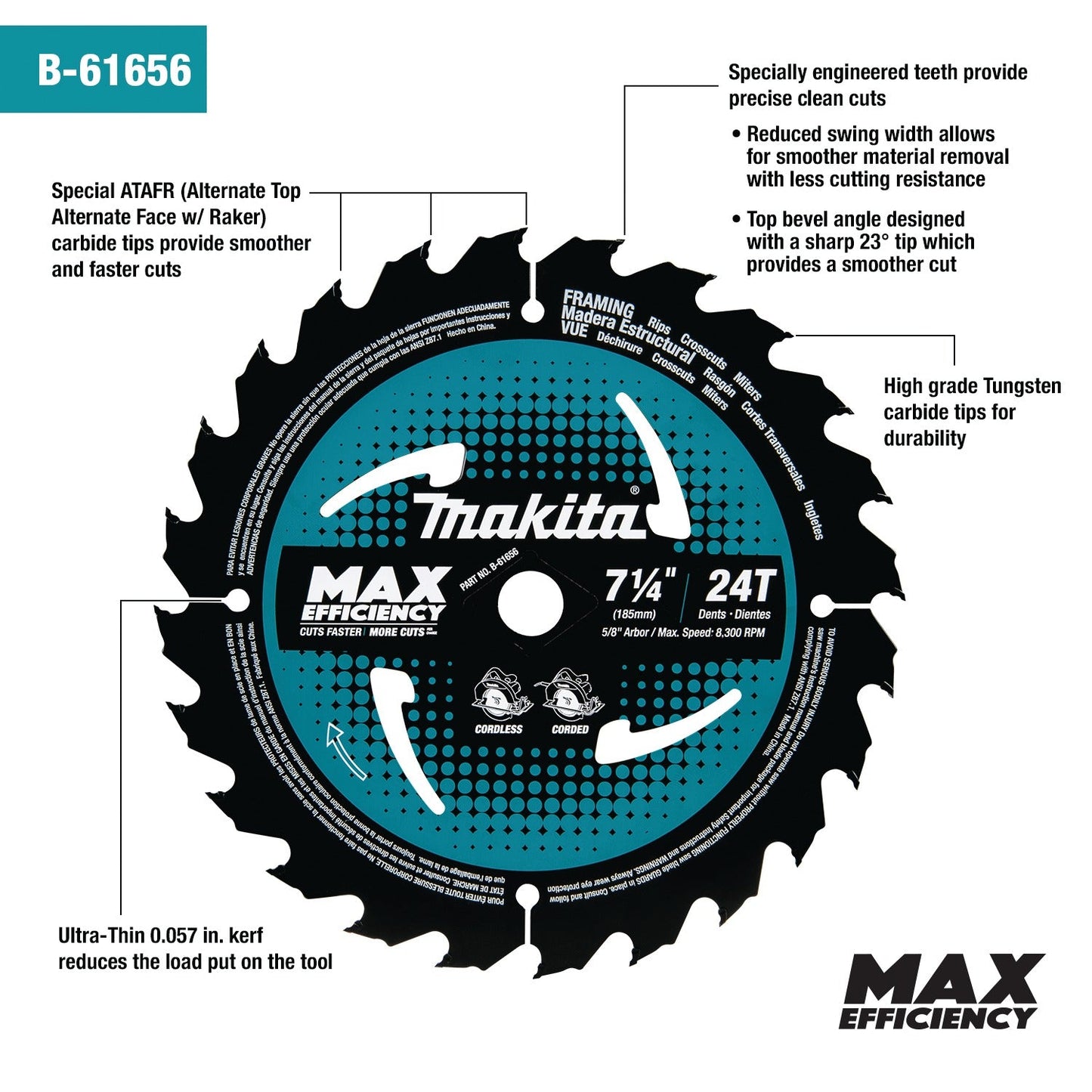 Makita B-61656-3 7‘1/4" 24T Carbide‘Tipped Max Efficiency Circular Saw Blade, Framing, 3/pk