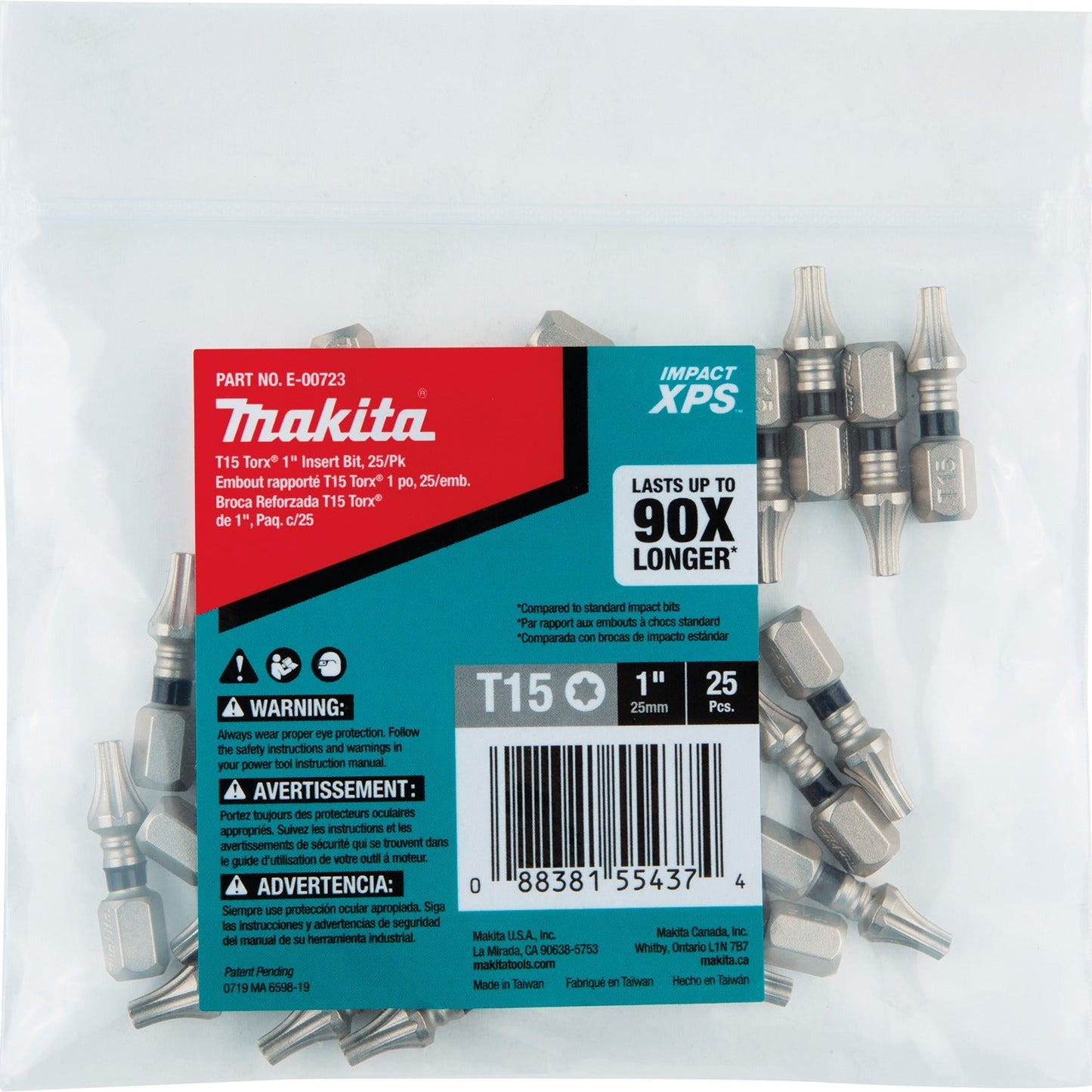 Makita E-00723 Impact XPS® T15 Torx 1" Insert Bit, 25/pk, Bulk