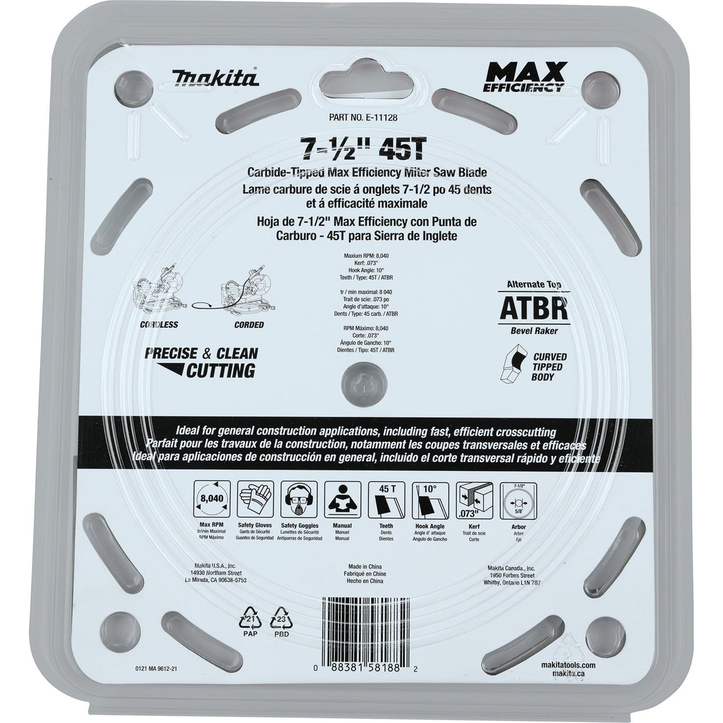 Makita E-11128 7‘1/2" 45T Carbide‘Tipped Max Efficiency Miter Saw Blade