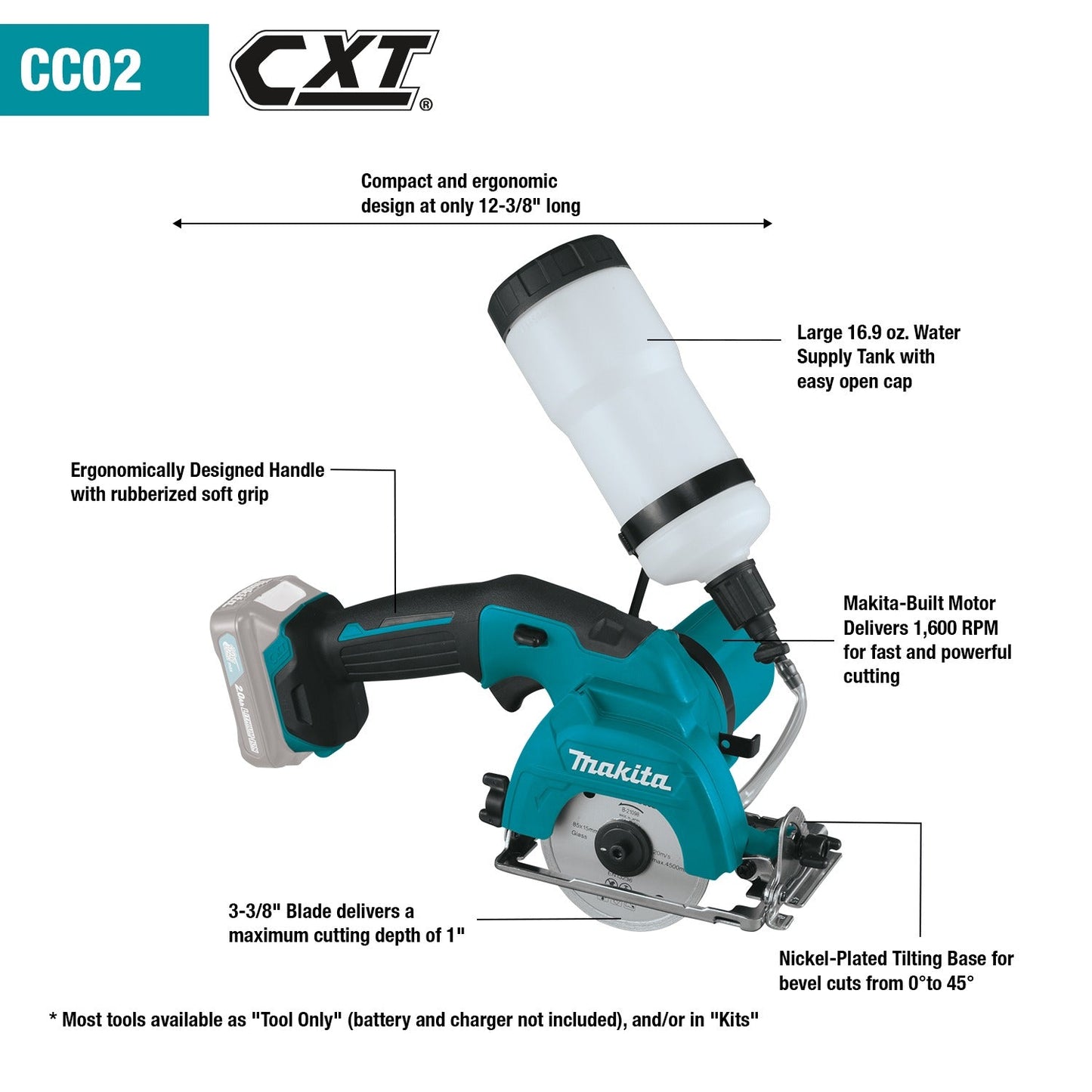 Makita CC02Z 12V max CXT® Lithium‘Ion Cordless 3‘3/8" Tile/Glass Saw, Tool Only