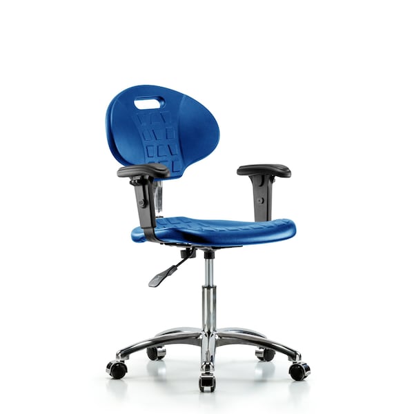 Blue Ridge Ergonomics CLR-TPDHCH-CR-A1-CC-BLU Class 100 Erie Polyurethane Clean Room Chair - Desk Height with Adjustable Arms & Casters in Blue Polyurethane