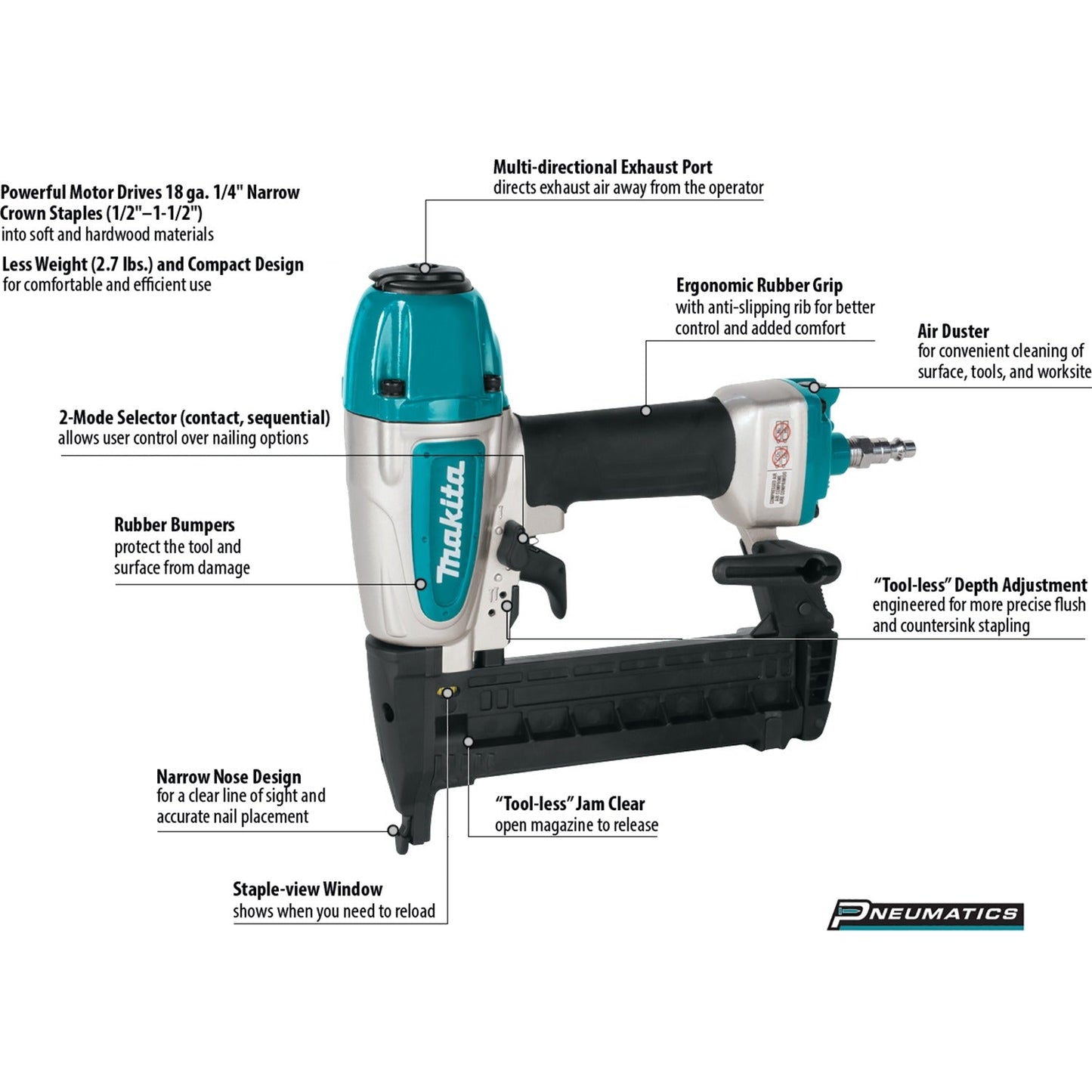 Makita AT638A 1/4" Narrow Crown Stapler, 18 Ga.