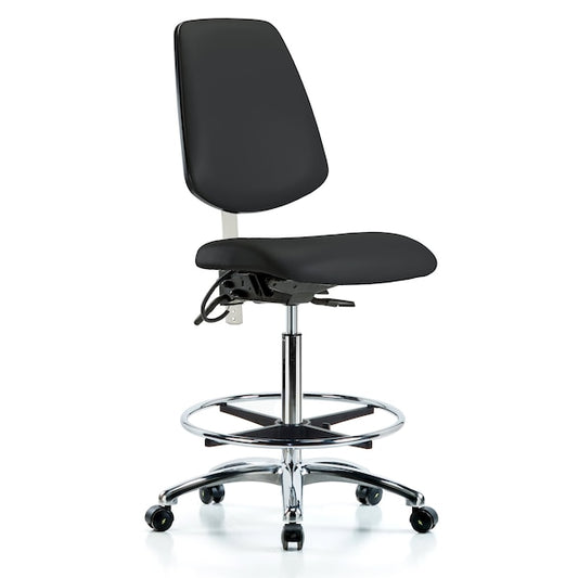 Blue Ridge Ergonomics NECR-VHBCH-MB-CR-T0-A0-CF-EC-ESDBLK Class 100 Vinyl Clean Room/ESD Chair - High Bench Height with Medium Back, Chrome Foot Ring, & ESD Casters in Black ESD Vinyl