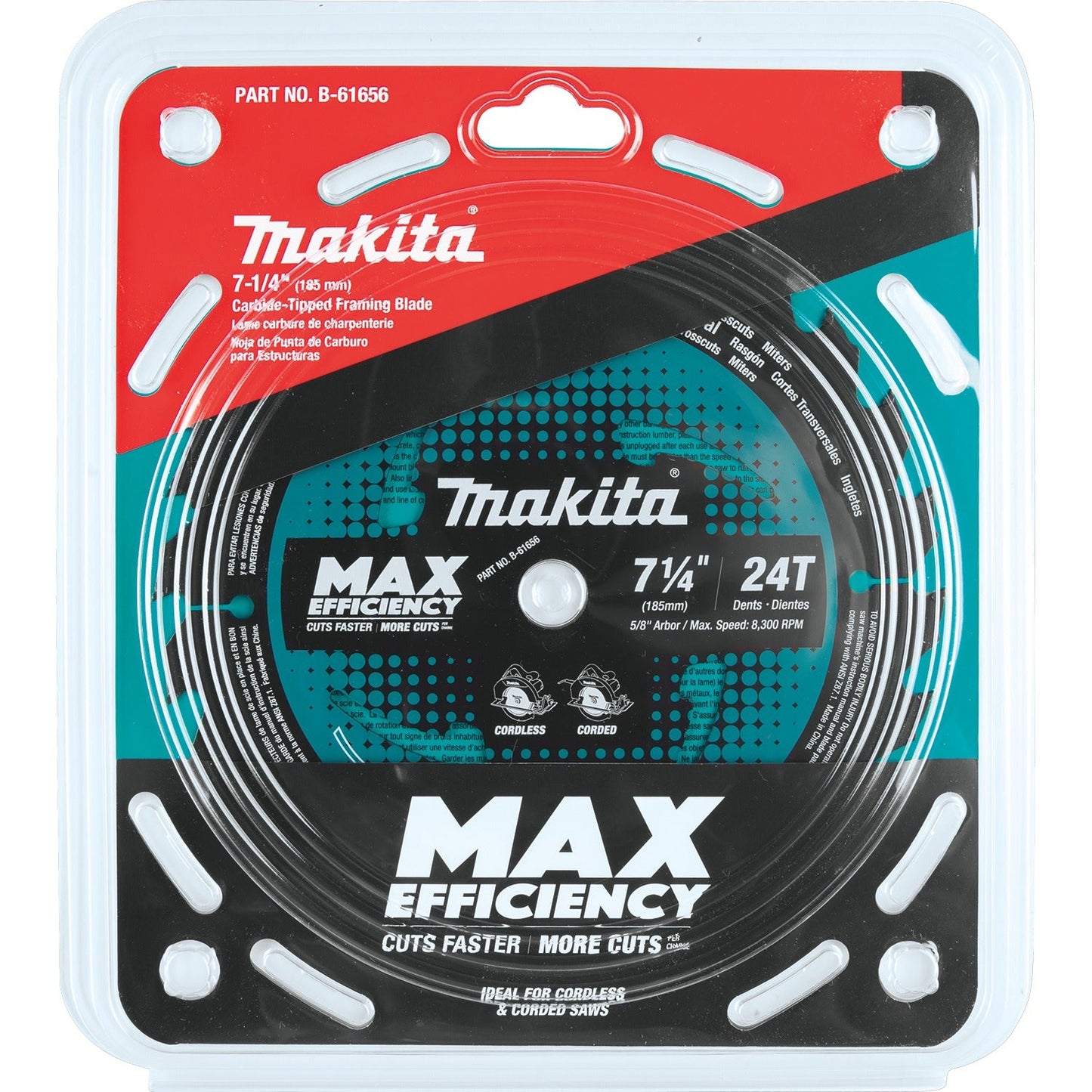 Makita B-61656-3 7‘1/4" 24T Carbide‘Tipped Max Efficiency Circular Saw Blade, Framing, 3/pk