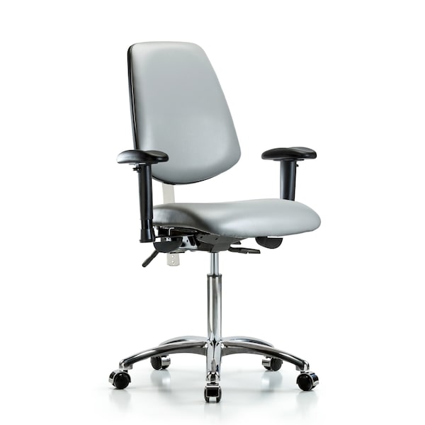 Blue Ridge Ergonomics NCR-VMBCH-MB-CR-T1-A1-NF-CC-8840 Class 100 Vinyl Clean Room Chair - Medium Bench Height with Medium Back, Seat Tilt, Adjustable Arms, & Casters in Sterling Supernova™ Vinyl