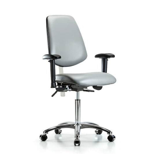 Blue Ridge Ergonomics NCR-VMBCH-MB-CR-T1-A1-NF-CC-8840 Class 100 Vinyl Clean Room Chair - Medium Bench Height with Medium Back, Seat Tilt, Adjustable Arms, & Casters in Sterling Supernova™ Vinyl
