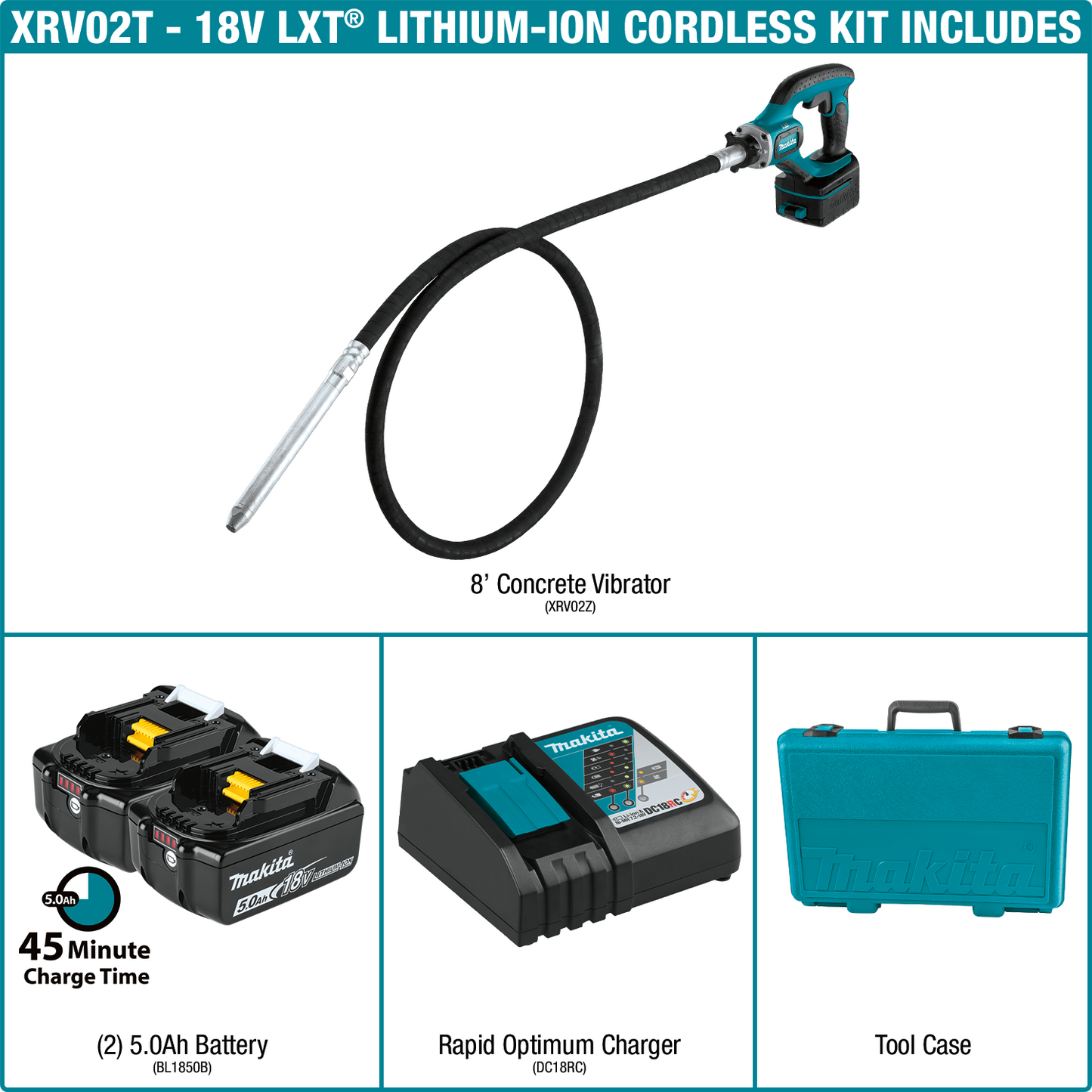 Makita XRV02T 18V LXT® Lithium‘Ion Cordless 8' Concrete Vibrator Kit (5.0Ah)