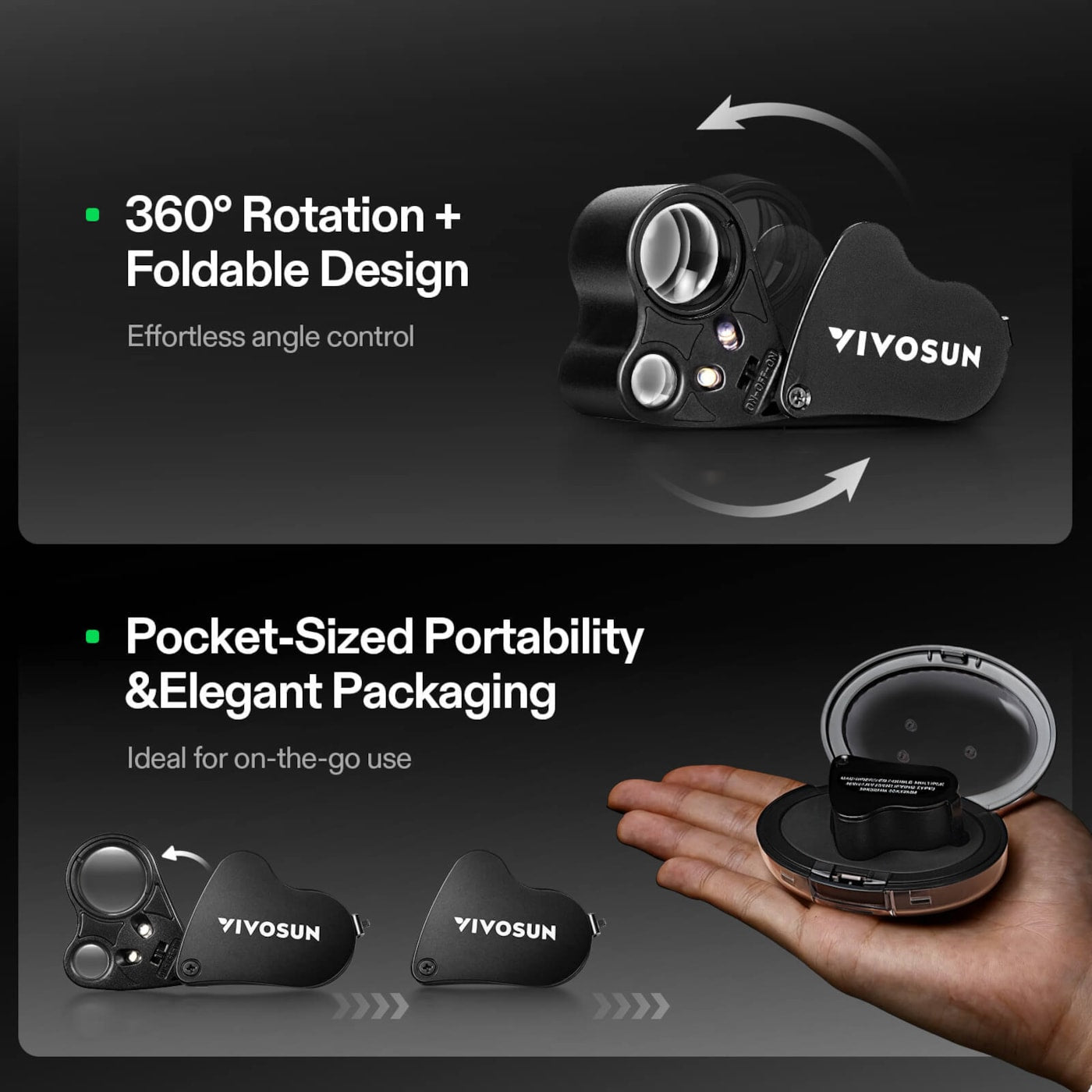 Vivosun 30X-60X Jewelers Loupe Magnifier with LED Light (2-Pack Black)