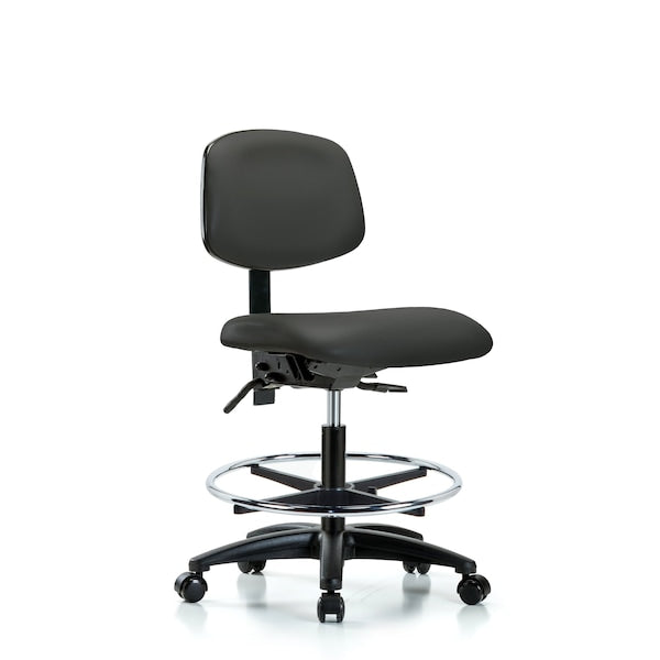 Blue Ridge Ergonomics VMBCH-RG-T0-A0-CF-RC-8605 Rutledge Vinyl Chair - Medium Bench Height with Chrome Foot Ring & Casters in Charcoal Trailblazer™ Vinyl