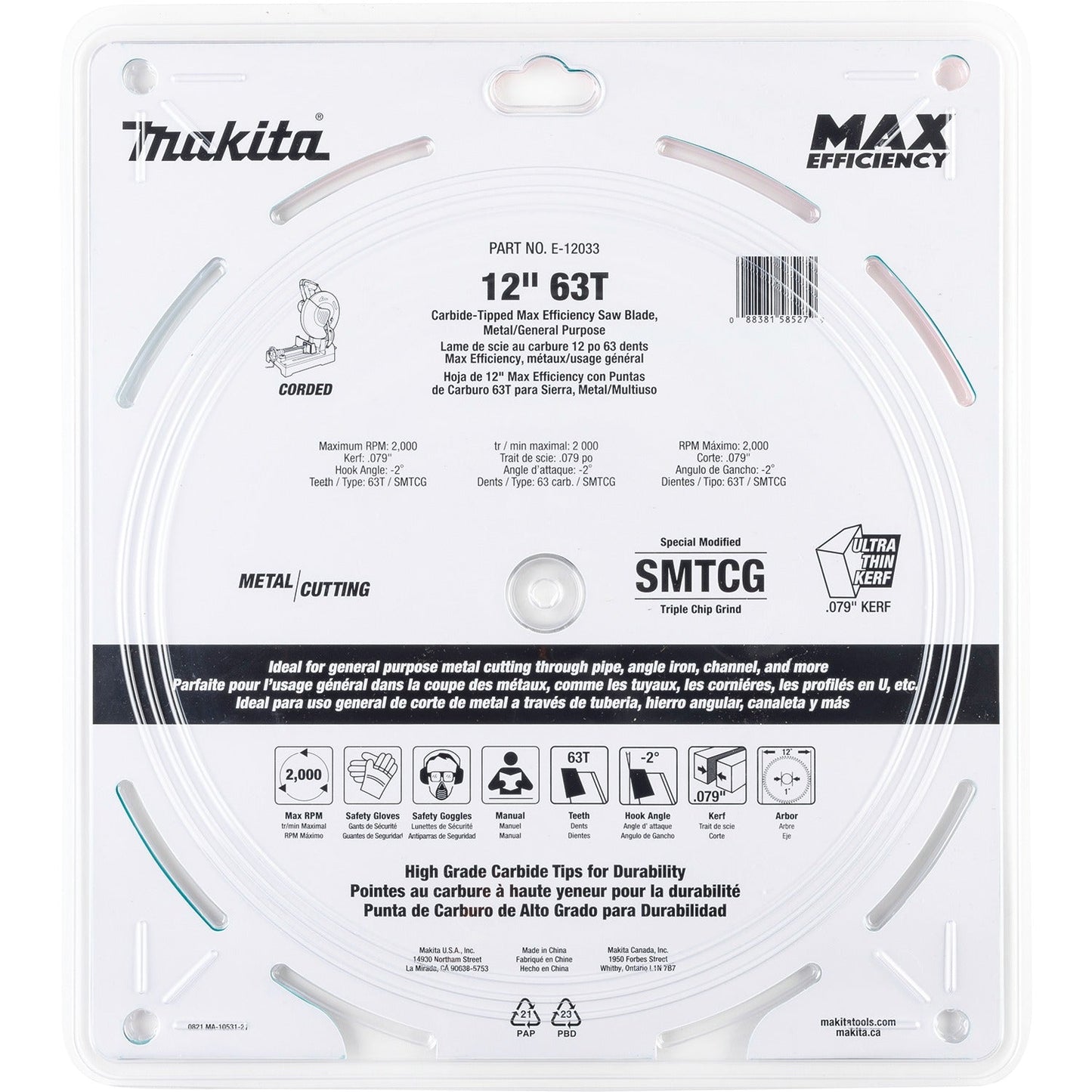 Makita E-12033 12" 63T Carbide‘Tipped Max Efficiency Saw Blade, Metal/General Purpose