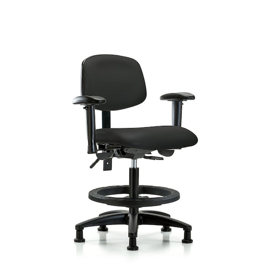 Blue Ridge Ergonomics VMBCH-RG-T1-A1-BF-RG-8540 Rutledge Vinyl Chair - Medium Bench Height with Seat Tilt, Adjustable Arms, Black Foot Ring, & Stationary Glides in Black Trailblazer™ Vinyl