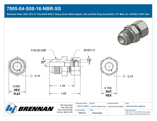 Brennan 7005-04-S08-16-NBR-SS 04MJ-S08MBT Strt With Din Nut &Amp; Sleeve STNLS